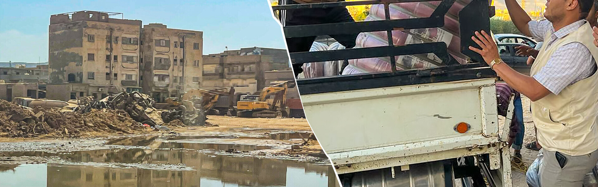 Ein Mann blickt auf den verwüsteten Hafen von Darna in Libyen Ein Mann blickt auf den verwüsteten Hafen von Darna in Libyen