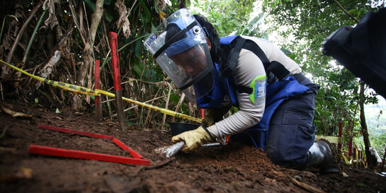 Vorsichtig arbeitet eine Frau in Kolumbien daran, ein Feld zu entminen Vorsichtig arbeitet eine Frau in Kolumbien daran, ein Feld zu entminen