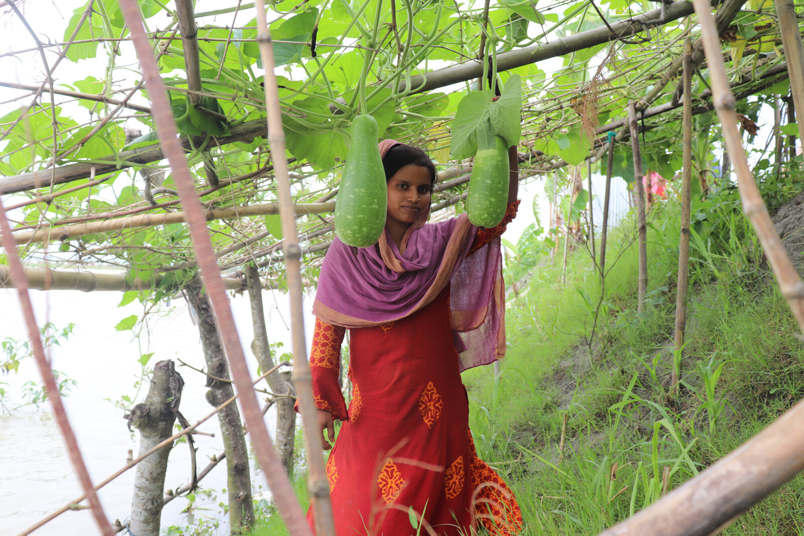 Eine Frau in Bangladesch steht inmitten von Kürbissen