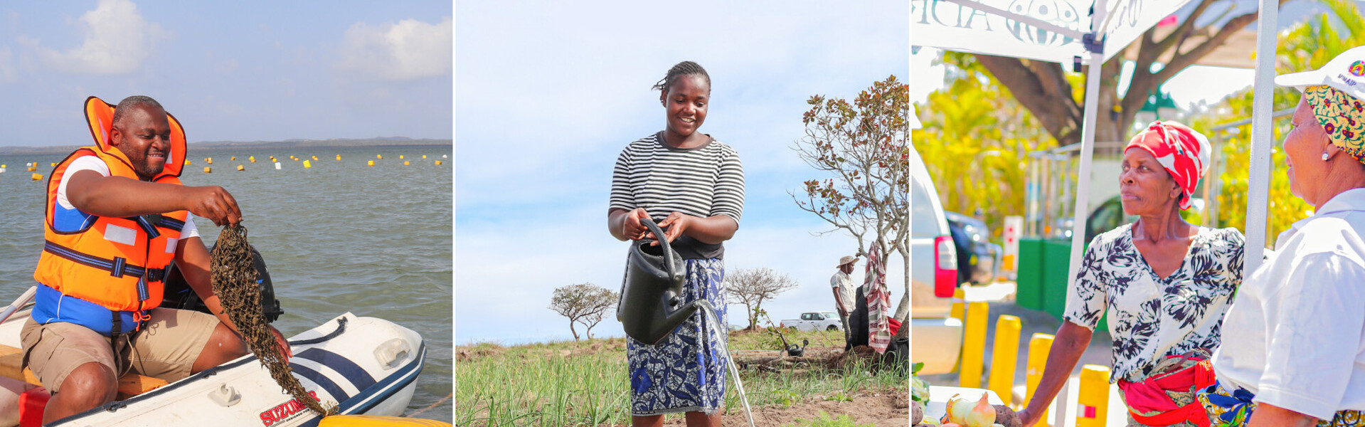 Menschen in Mosambik, die Fischfang und Landwirtschaft an den Klimawandel angepasst haben Menschen in Mosambik, die Fischfang und Landwirtschaft an den Klimawandel angepasst haben
