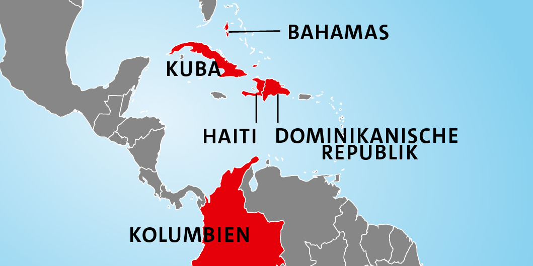 Die betroffenen Länder auf der Einsatzfallkarte des Hurrikan Matthew Die betroffenen Länder auf der Einsatzfallkarte des Hurrikan Matthew