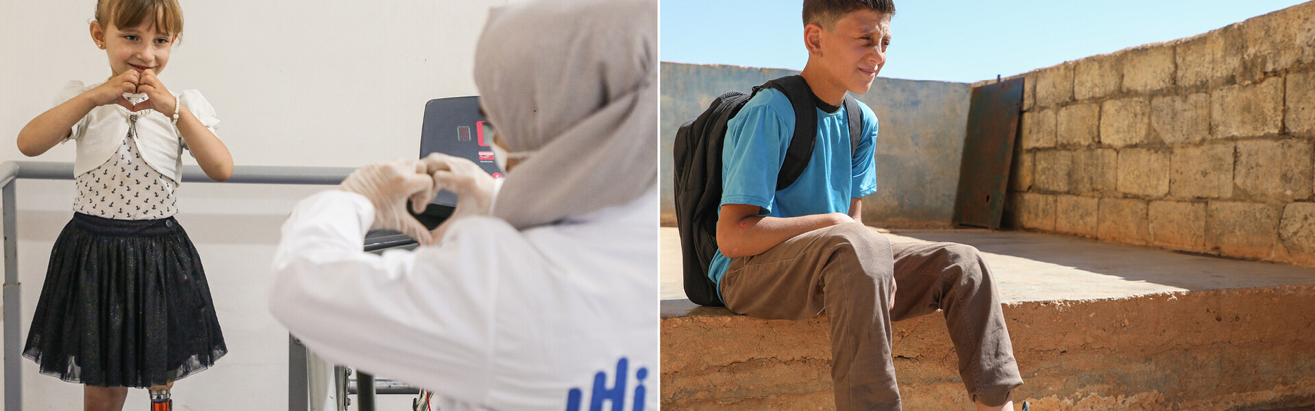 Enas (links) formt mit ihren Händen ein Herz, Mohamed sitzt auf einer Mauer – beide Kinder wachsen in Syrien auf Enas (links) formt mit ihren Händen ein Herz, Mohamed sitzt auf einer Mauer – beide Kinder wachsen in Syrien auf